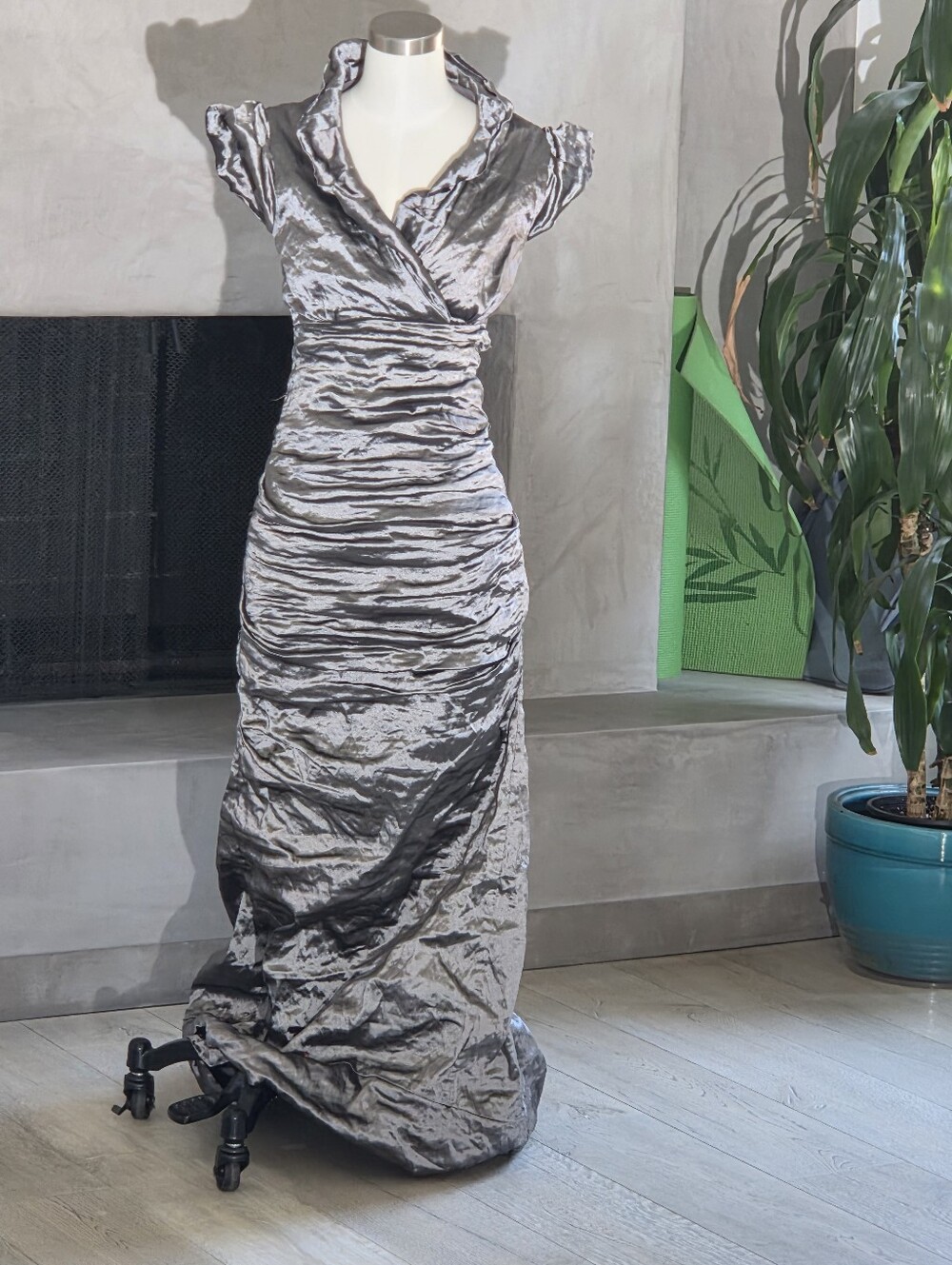 Nicole Miller authentic vintage silver metallic high collar gown